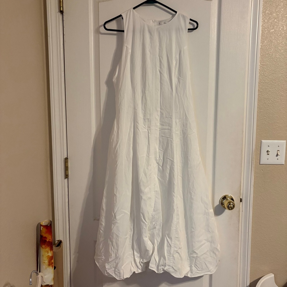 Mango MNG White Bubble Hem Midi Dress Sleeveless Viscose Blend Size 6 Cottage
